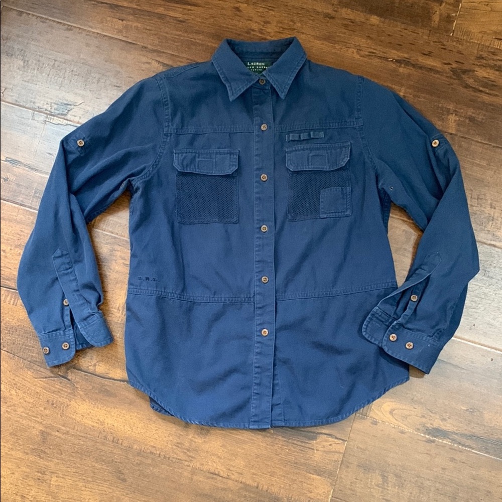 Lauren by Ralph Lauren Navy Blue Petite Roll Tab Button Up Classic Vintage Shirt